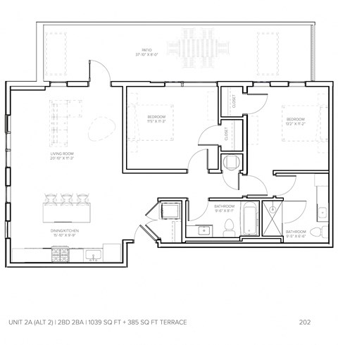 Floor plan for 2 beds, 2 baths, 1039 sqft